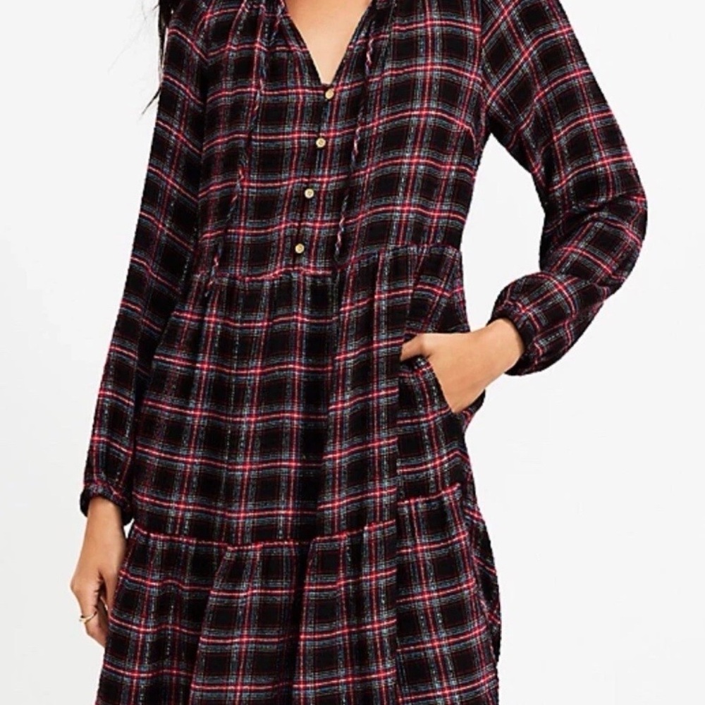 LOFT Plaid Tiered Mini‎ Dress Womens Small Black Red Metallic Shimmer